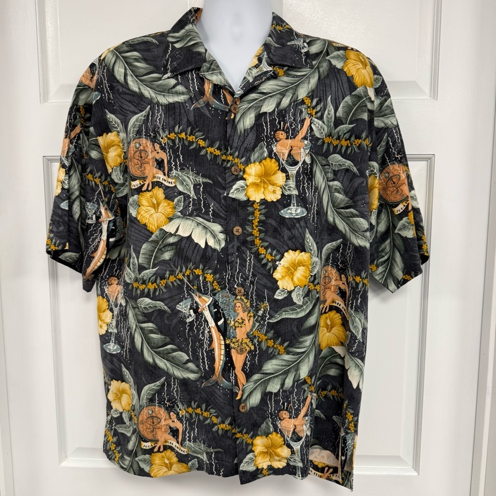 Tommy Bahama 100% Silk Hawaiian Shirt 2004 In Full Swing New Years Sexy Girls
